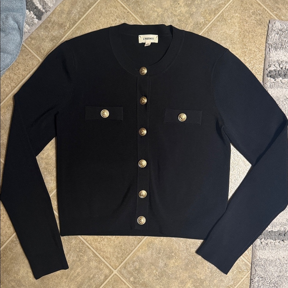 L'agence Toulouse Crop Black Cardigan Sweater Top Shirt Gold Buttons M - Picture 8 of 8